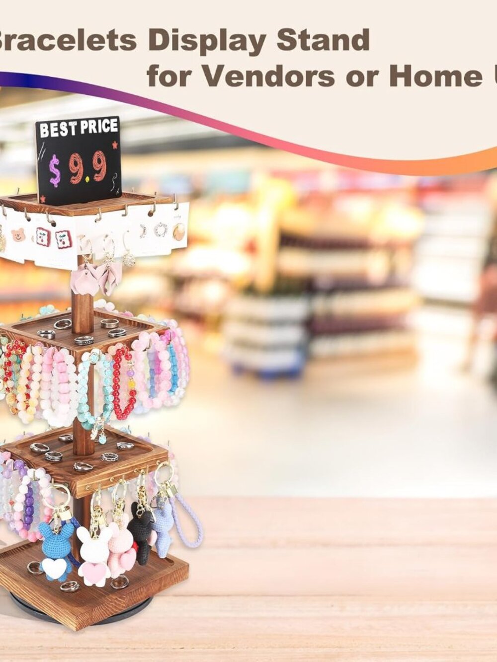Rotating Wooden Jewelry Organizer With Large Capacity & Trays View 4